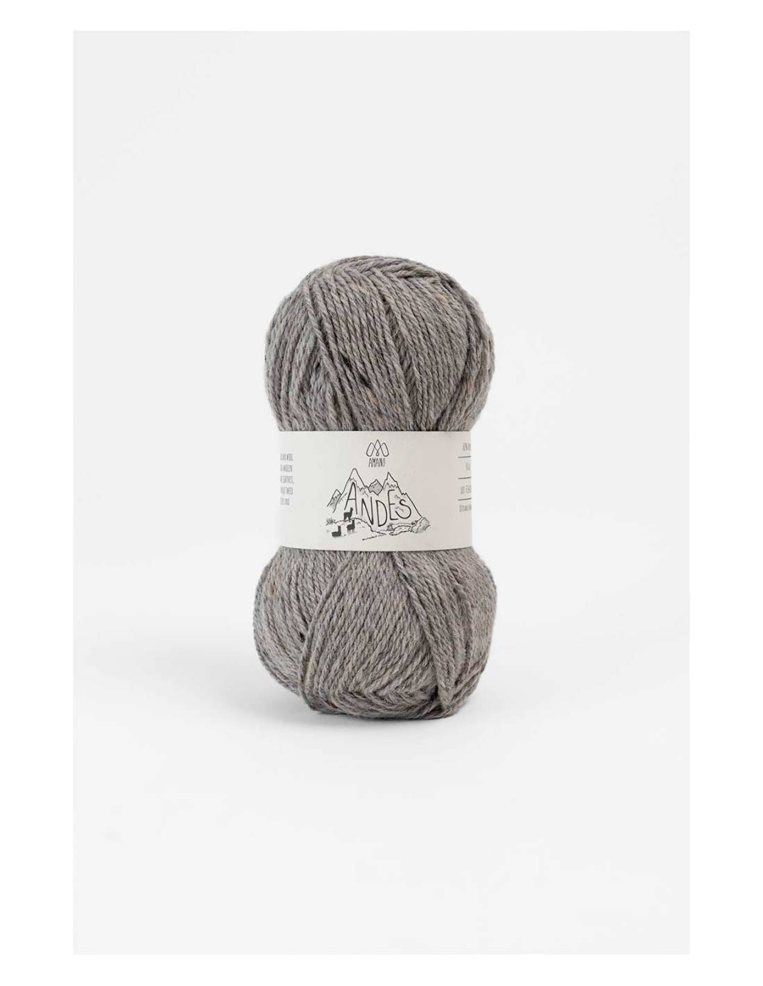Gray skein of yarn with a label on a white background